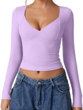 〽️Women's Purple V Neck Long Sleeve Double Lined Seamed Cup Crop Tops